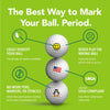 Graphic showing the best way to mark your golf ball. Golfdotz designs are shown in three styles USA Flag golf ball marker, Penguin golf ball marker and Smiley Face golf ball marker. Graphic shows how easy it is to mark and identify your golf ball for play.