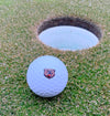 Grizzly Bear design on Golf Ball, near hole on putting green.